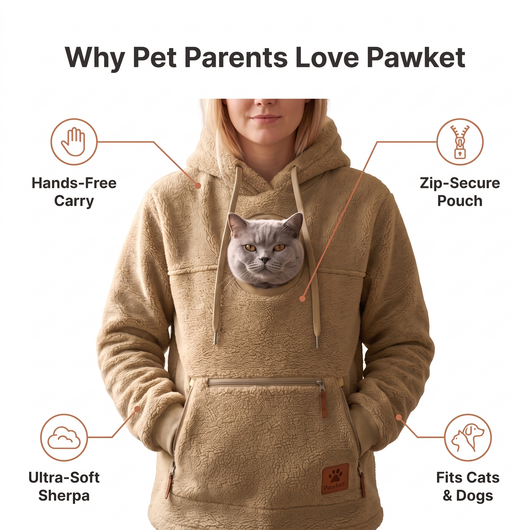 Pawket benefits: hands-free carry, zip-secure pouch, ultra-soft sherpa, fits cats and dogs