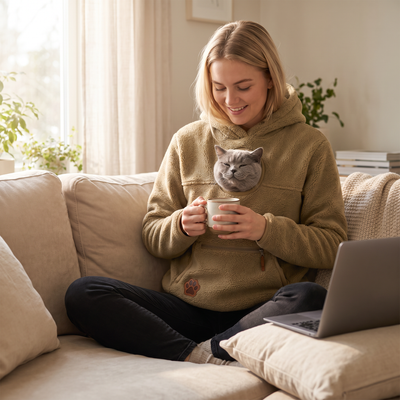 Woman relaxing on the couch in the khaki Pawket hoodie with a grey cat asleep in the pouch