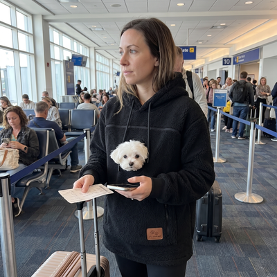 Traveler at the airport in the black Pawket hoodie with a Maltese dog in the pouch, hands free