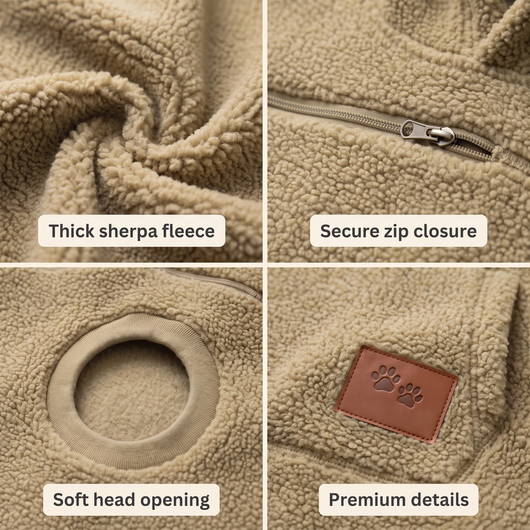 Pawket details: thick sherpa fleece, secure zip closure, soft head opening, leather paw patch