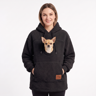 Pawket pet pouch hoodie in Black with a Chihuahua