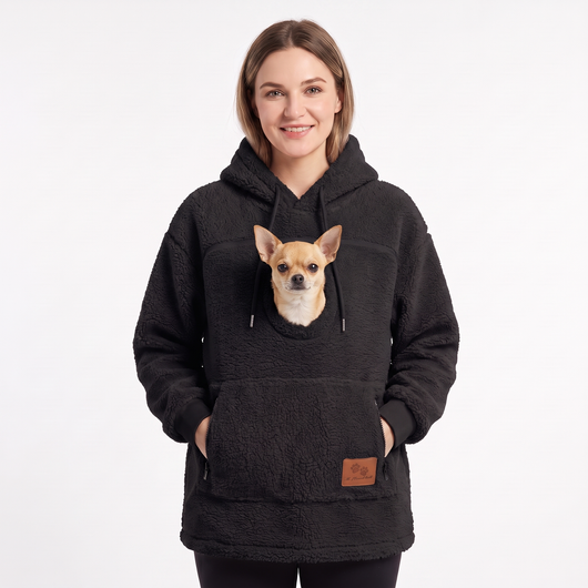 Pawket pet pouch hoodie in Black with a Chihuahua
