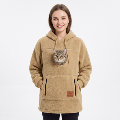 Pawket pet pouch hoodie in Khaki with a tabby cat