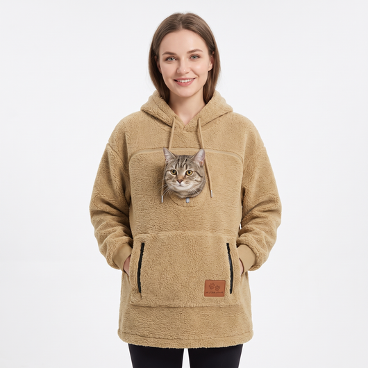 Pawket pet pouch hoodie in Khaki with a tabby cat