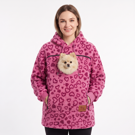 Pawket pet pouch hoodie in Pink Hearts print with a Pomeranian