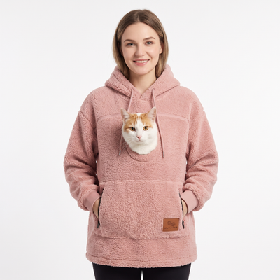 Pawket pet pouch hoodie in Pink with a ginger and white cat